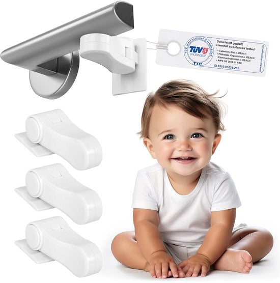 Sicurezza per Bambini 4 x TÜV-verificati dispositivi di chiusura per porte in bianco | Chiusura per porte senza viti e martelli | Chiusura per porte a catenaccio e maniglie