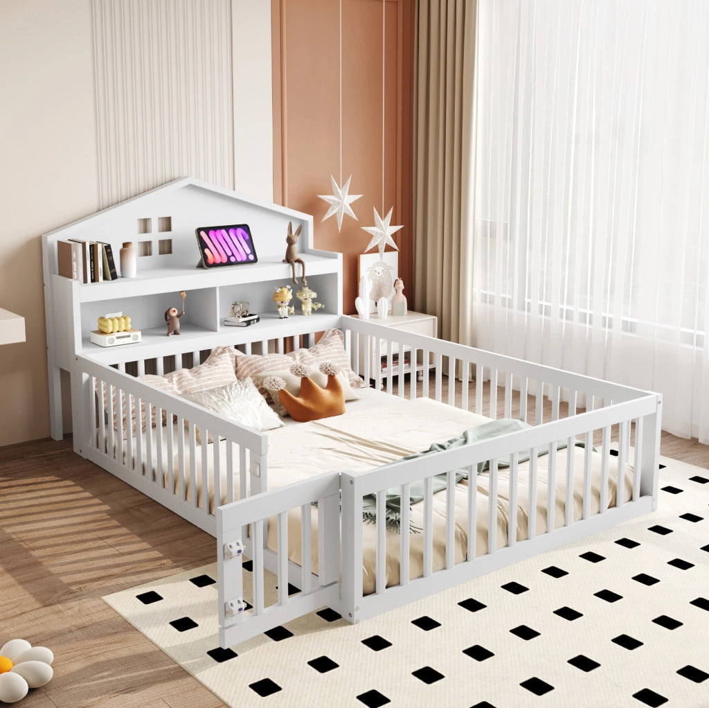 Letto per bambini 140x200 cm con sponde; porta e lavagna; bianco