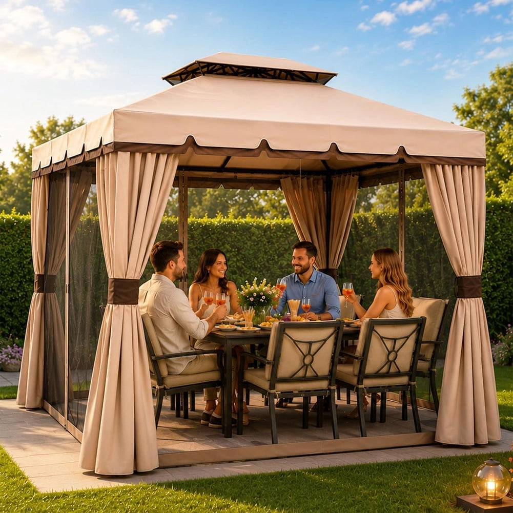 Gazebo 3X3 Metri In Alluminio Telo Impermeabile Zanzariera Antipioggia Giardino