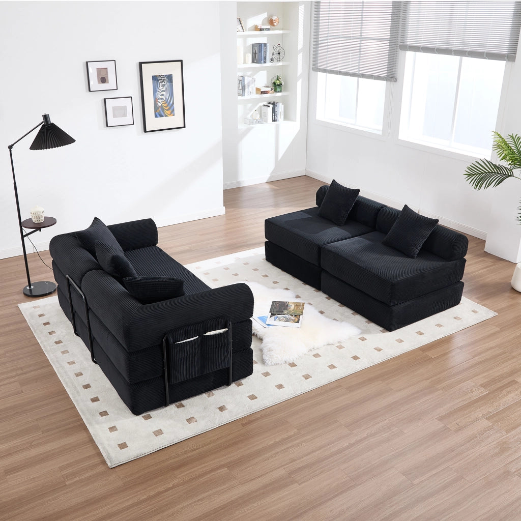 Divano modulare in velluto a coste nero con tasca laterale; 270x180x64 cm