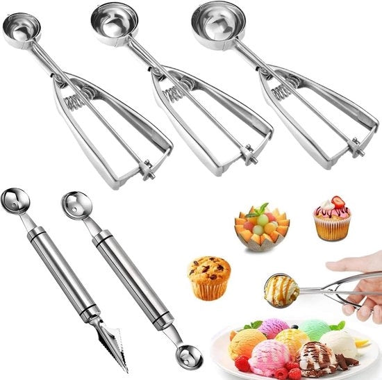 Pacco di 5 spatole di ghiaccio, spatole di ghiaccio in acciaio inossidabile, 3 misure, set di spatole di ghiaccio, spatola di ghiaccio con goletta a pulsante per cubetti di ghiaccio per cocktail
