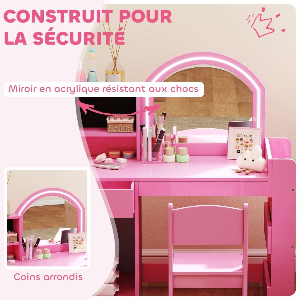 Tavolo da trucco bambini con sgabello e specchio LED ¨C zephmum ¨C rosa 88,6x38,8x96,9 cm