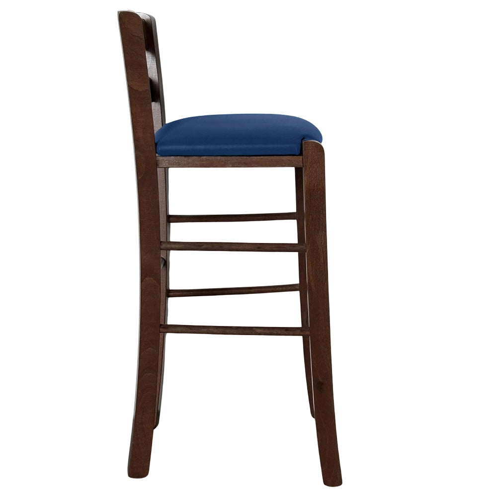 Sgabello legno noce scuro con foro nello schienale h66 seduta ecopelle blu