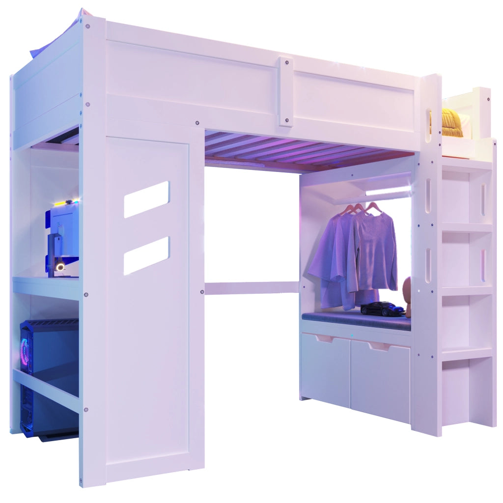 Hochbett bianco con scrivania funzione gaming in pino 90x200 cm