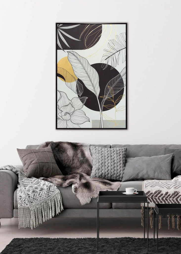 Quadro Hispanohogar in poliestere foglie nero bianco e dorato 92x62