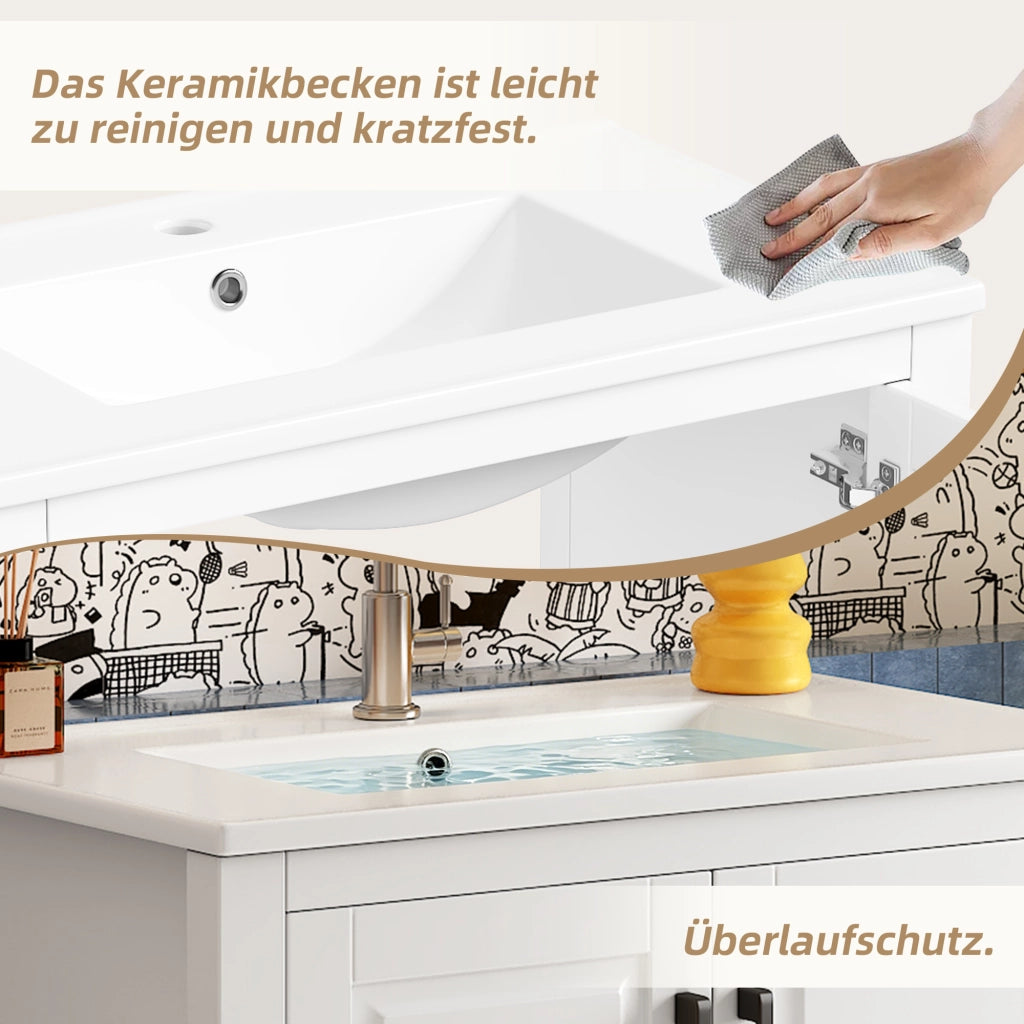 Mobile sottolavabo con lavabo in ceramica, 2 ante e vano aperto per bagno, bianco, 76,5 × 47 × 83 cm