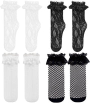 4 paia calze da donna con ruches pieghettati e calze con elastico medio-alto in nero-bianco, One size