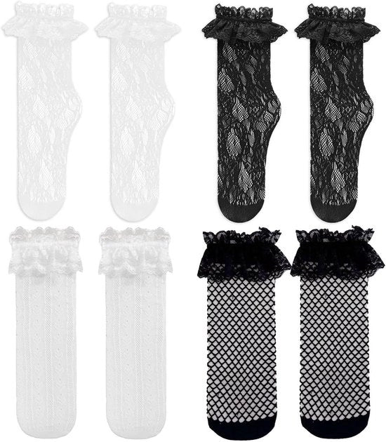 4 paia calze da donna con ruches pieghettati e calze con elastico medio-alto in nero-bianco, One size