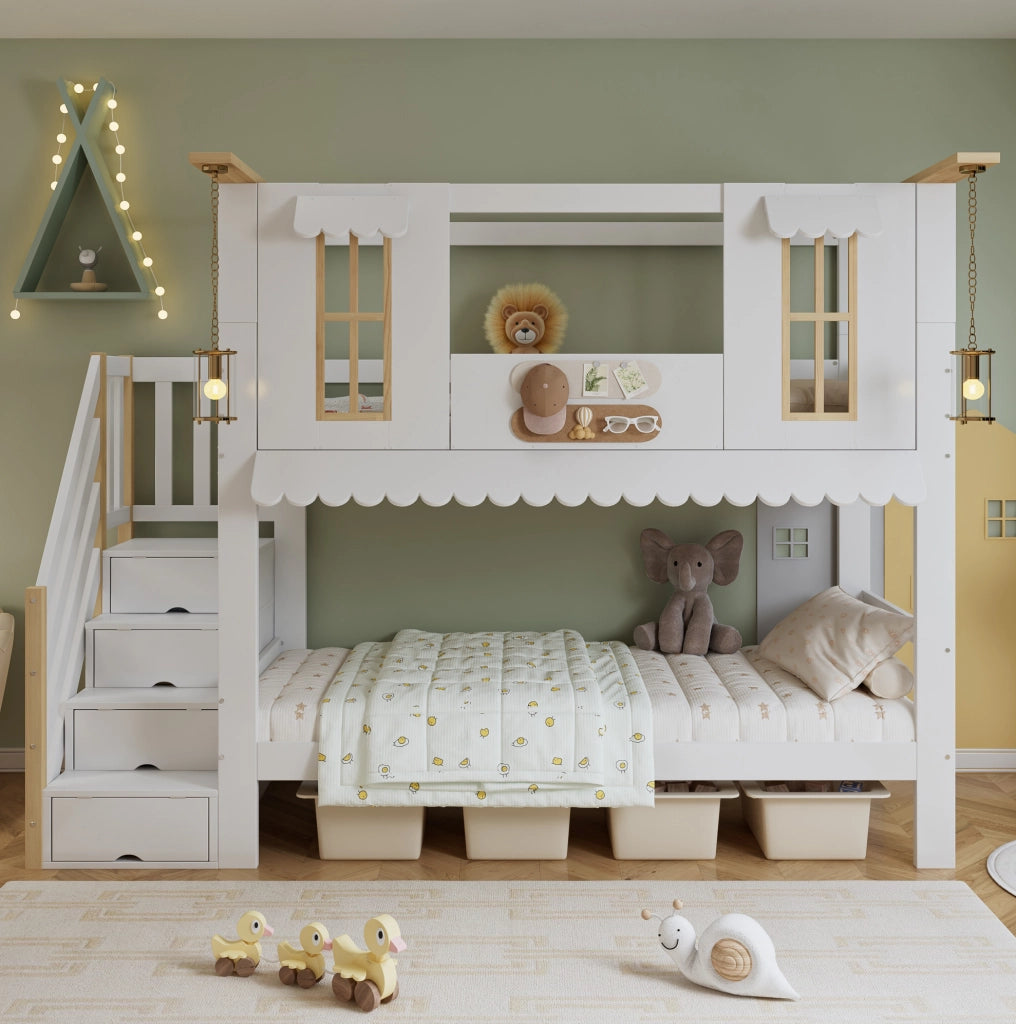 Letto a castello per bambini 90x200 cm con scala contenitore e design a casetta