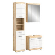 Set da bagno LEWOTO – 1 colonna, 1 mobile sotto lavabo, 1 armadietto con specchio – Bianco e rovere