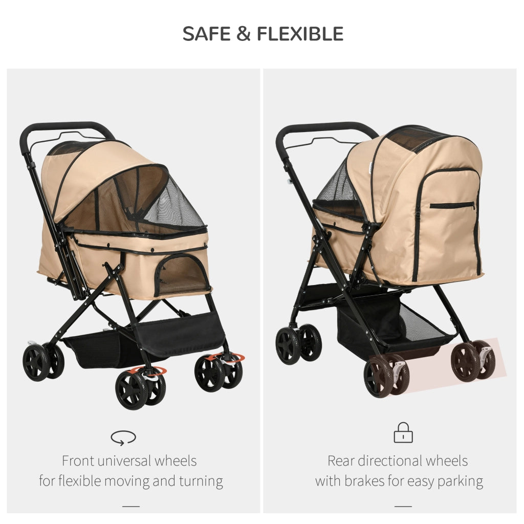 Carrello pieghevole con cesta ampia, finestre in mesh e freni posteriori, poliestere marrone 76,5 × 52 × 95 cm