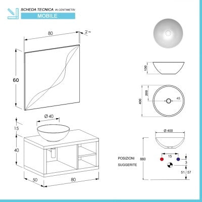 Mobile bagno sospeso 80 cm grigio chiaro con vani a giorno completo di lavabo e specchio Master