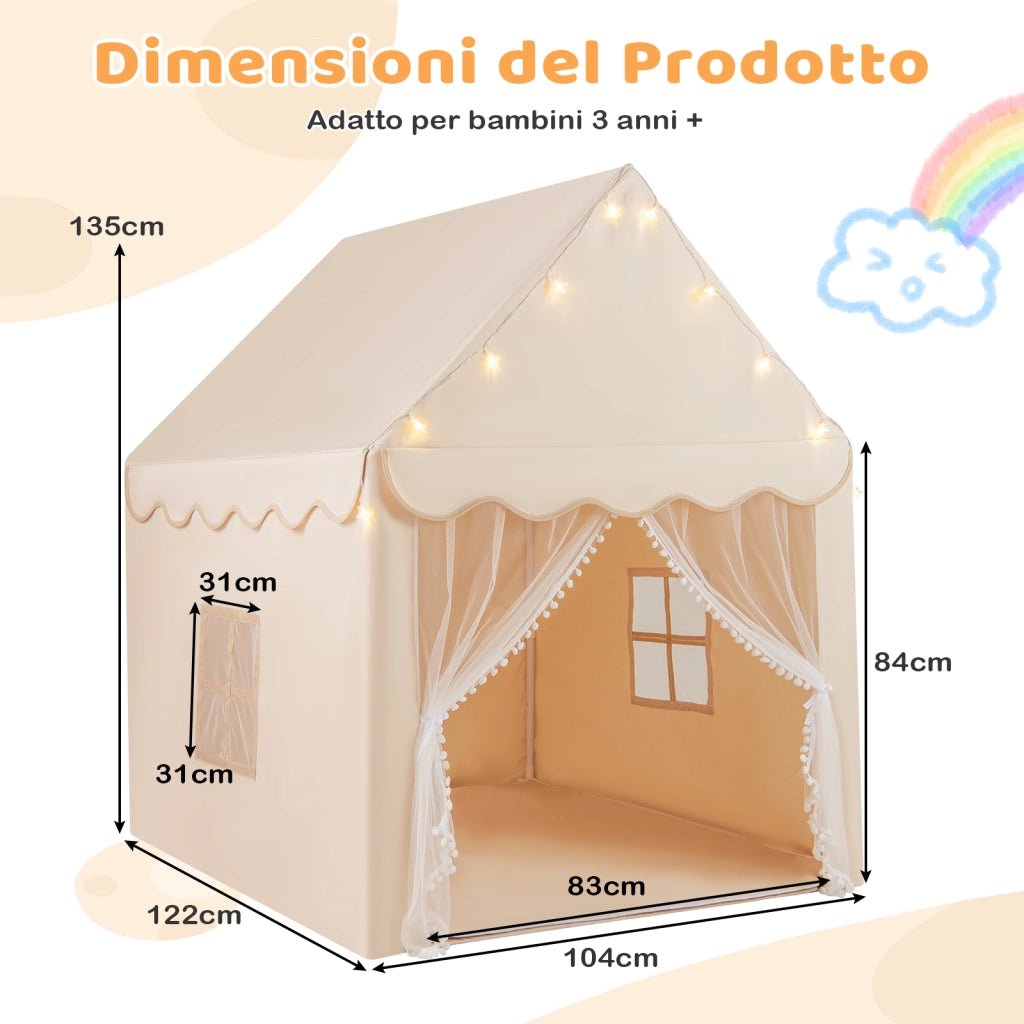 Tenda da gioco per bambini con tappetino lavabile-Tenda castello fatato con luci a forma di stella Beige