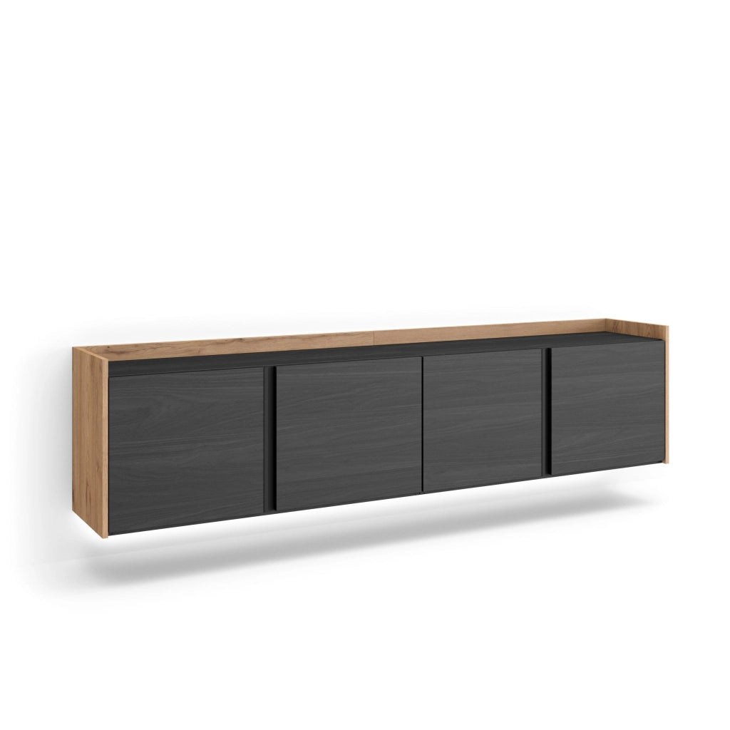Mobile TV Soggiorno, 207x50x35 cm, Per TV fino a 80", Sospeso, da appendere, LED, Nero e rovere