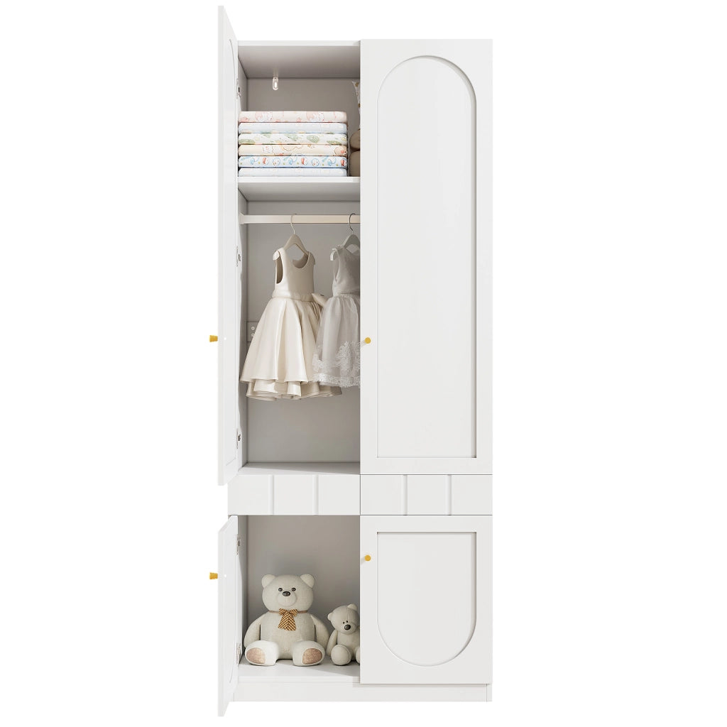 Armadio per bambini, 2 cassetti, ripiani, maniglie in metallo, 80??50??200 cm, bianco