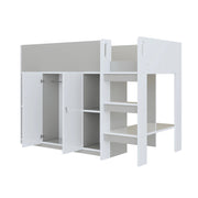 Letto a soppalco singolo 90×200 cm con scala; armadio e ripiani; senza materasso; legno massiccio; grigio