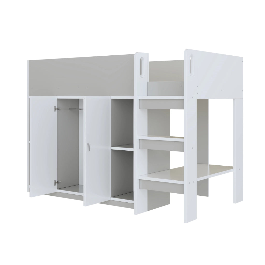 Letto a soppalco singolo 90×200 cm con scala; armadio e ripiani; senza materasso; legno massiccio; grigio