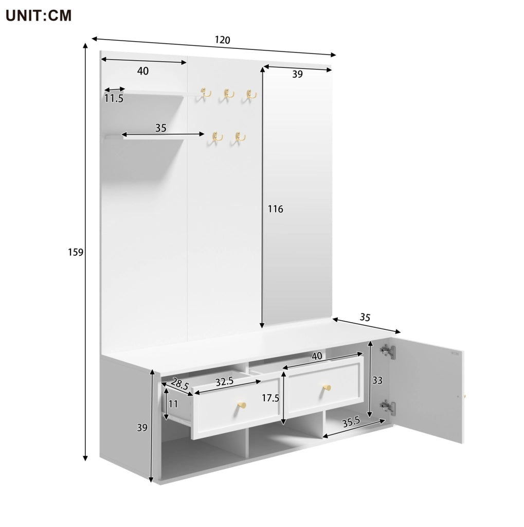 Set appendiabiti da parete con specchio, cassetti e panca, bianco, 120x35x159 cm