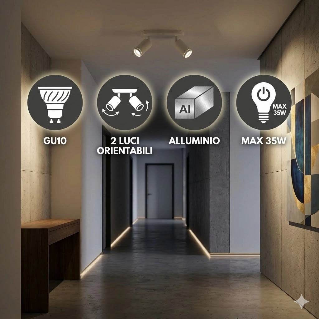 Faretto a Soffitto 2 Luci Orientabili GU10 in Alluminio Bianco, Plafoniera Spot Doppio Cilindrico per Interno, Portalampada GU10 per Cucina Corridoio Camera Soggiorno, Lampadine non incluse
