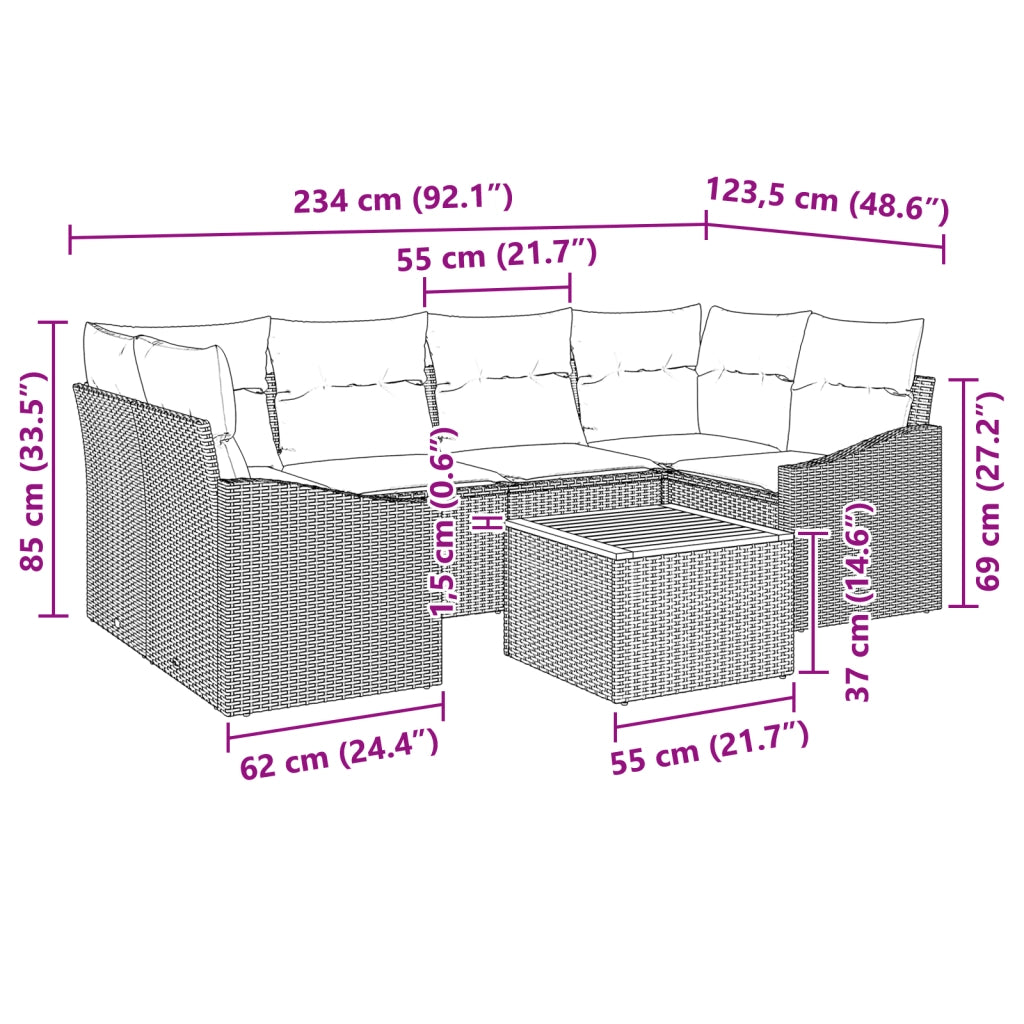 Set Divano da Giardino 7 Pezzi con Cuscini Nero Polyrattan Acacia