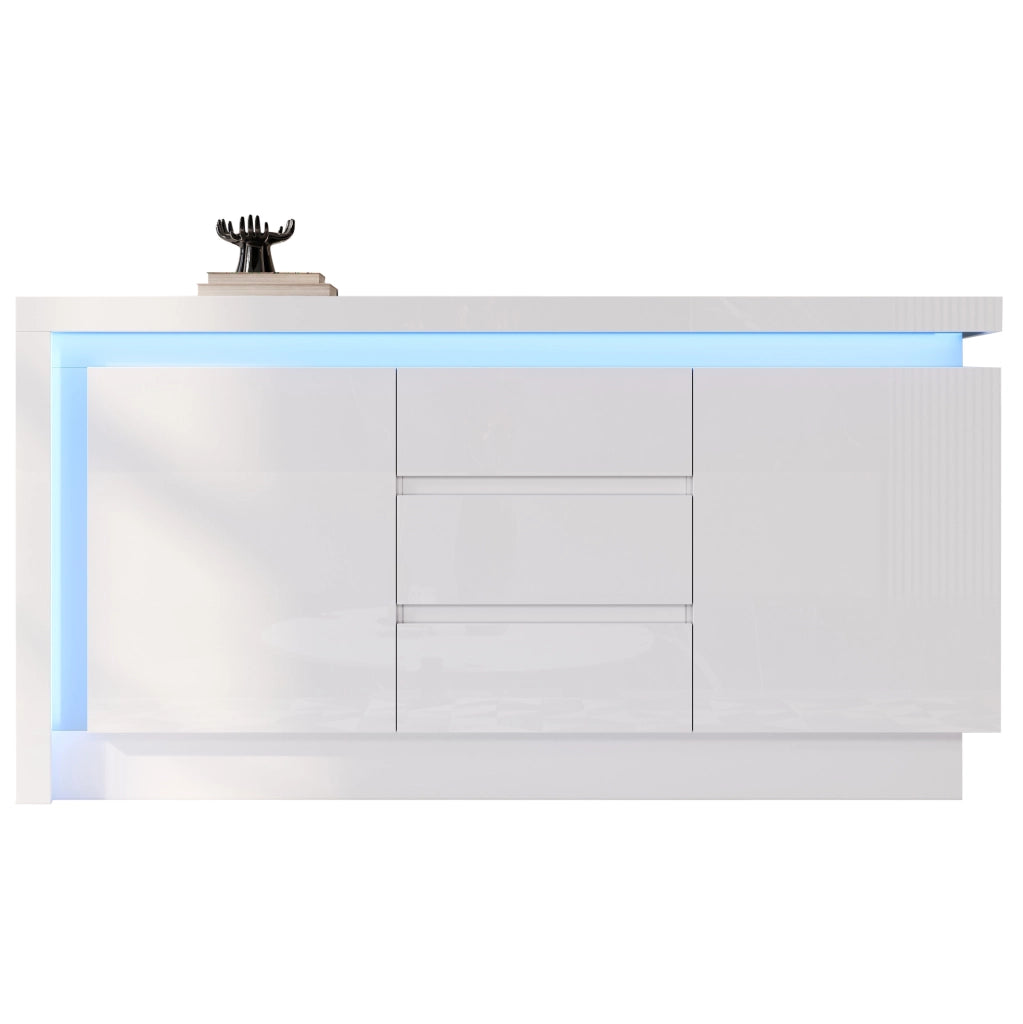 Sideboard 140x35x72 cm con 2 ante; 3 cassetti; LED; bianco lucido
