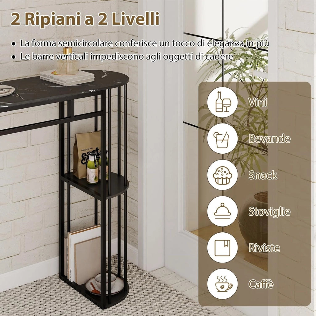 Tavolo da Bar Alto, Tavolino da Cucina Moderno con Piano in Finto Marmo, 4 Ripiani Laterali e Struttura in Metallo, Bancone Cucina da Casa per Soggiorno e Sala da Pranzo (Grigio)