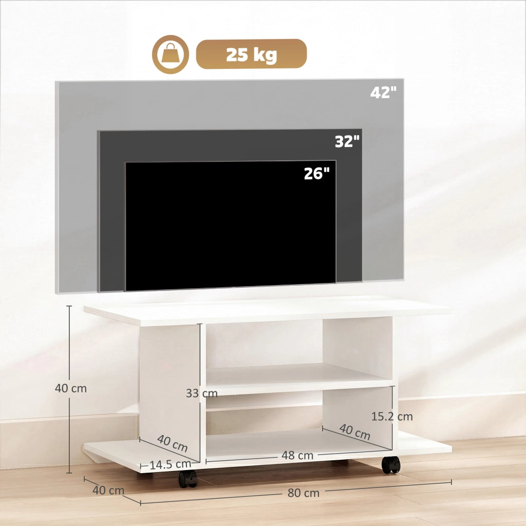 Mobile Porta TV Moderno con Ripiani. Ruote Girevoli e Freni. 80x40x40 cm. Bianco