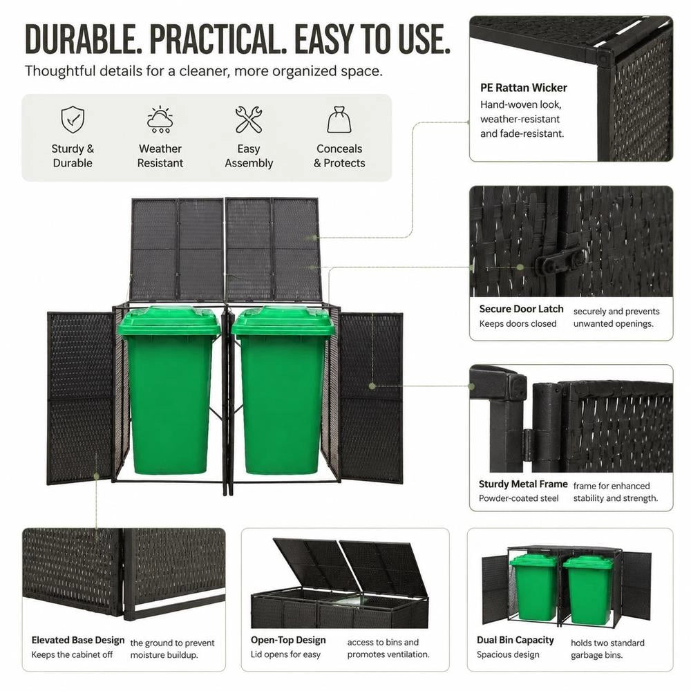 Bin Storage Unit For 2 Bins, Black, 140x80x117 Cm, Poly Rattan