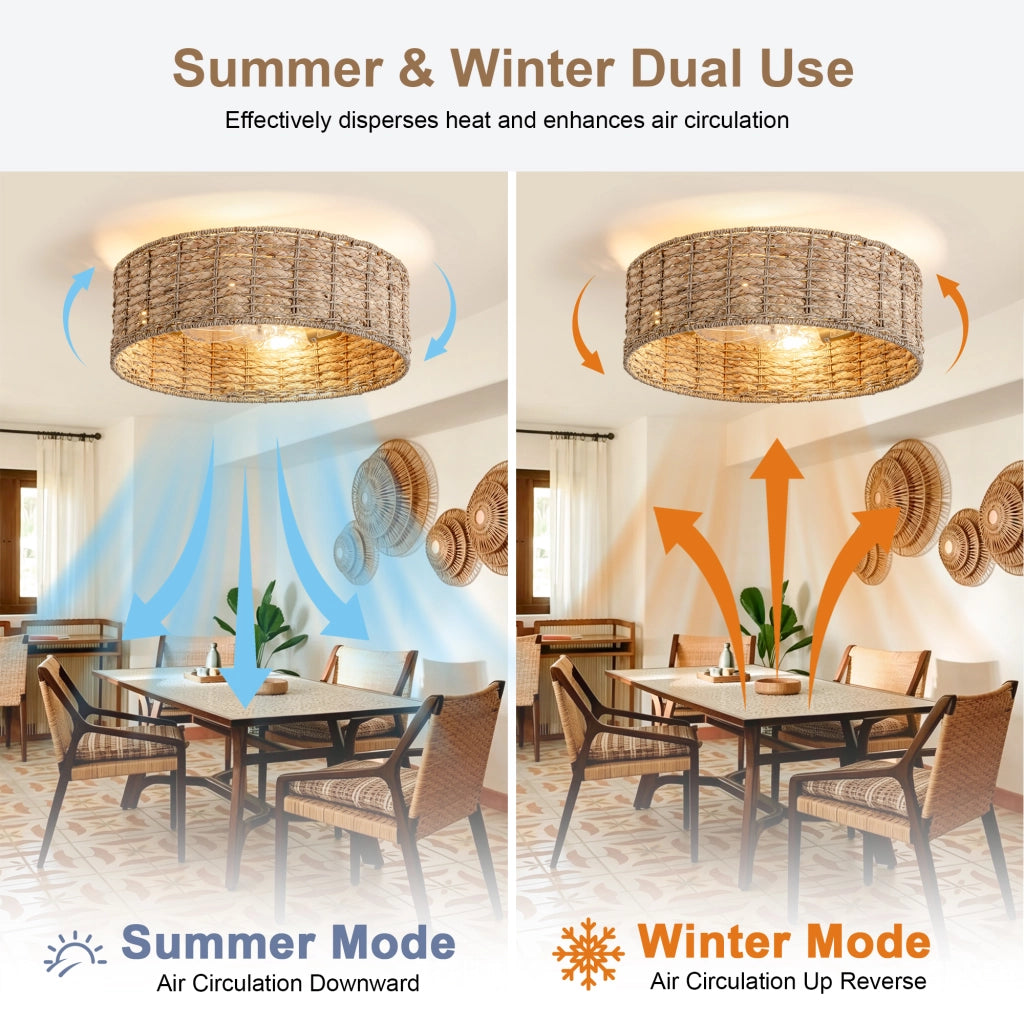 Ventilatore da soffitto 19 pollici con luce, rattan naturale, doppio controllo app e telecomando, 6 velocit¨¤ reversibili, design naturale