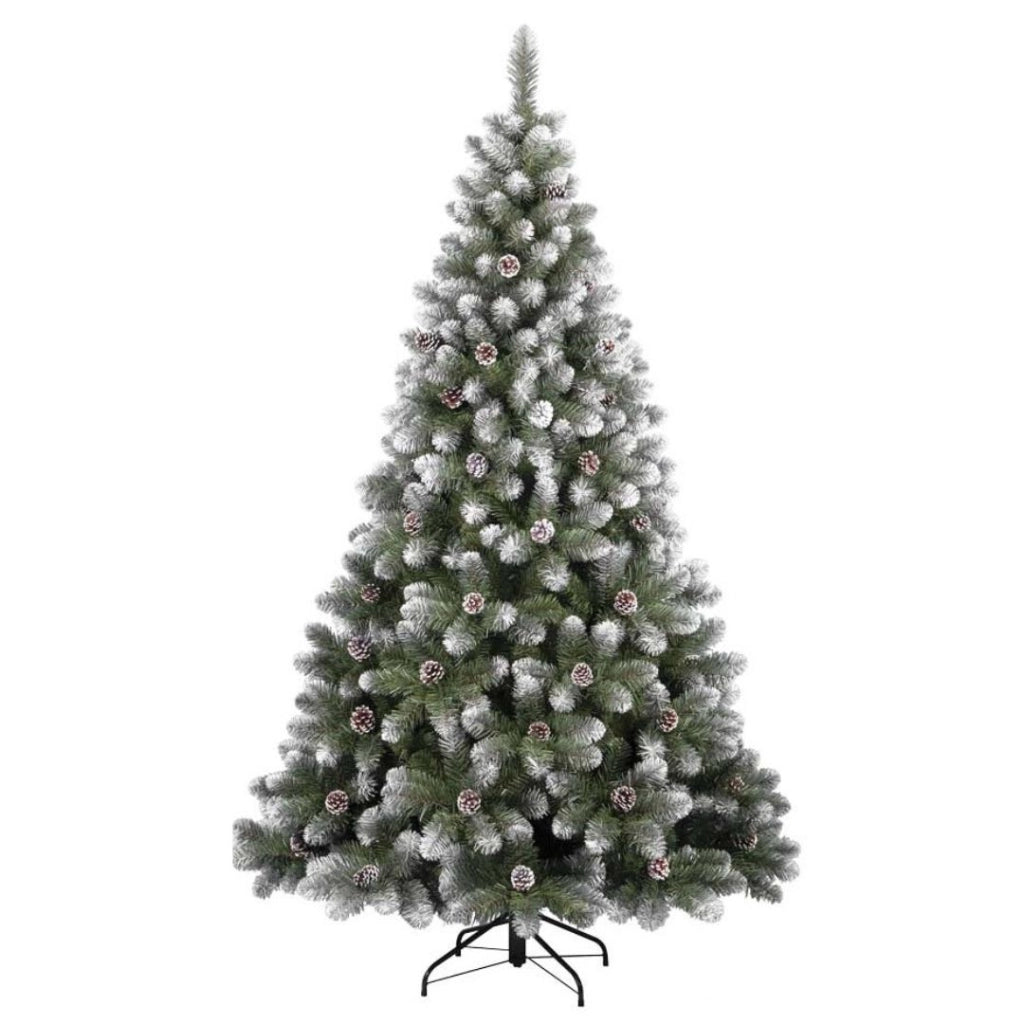 Albero di Natale Artificiale alto 150cm con 361 rami addobbato con punte innevate e pigne