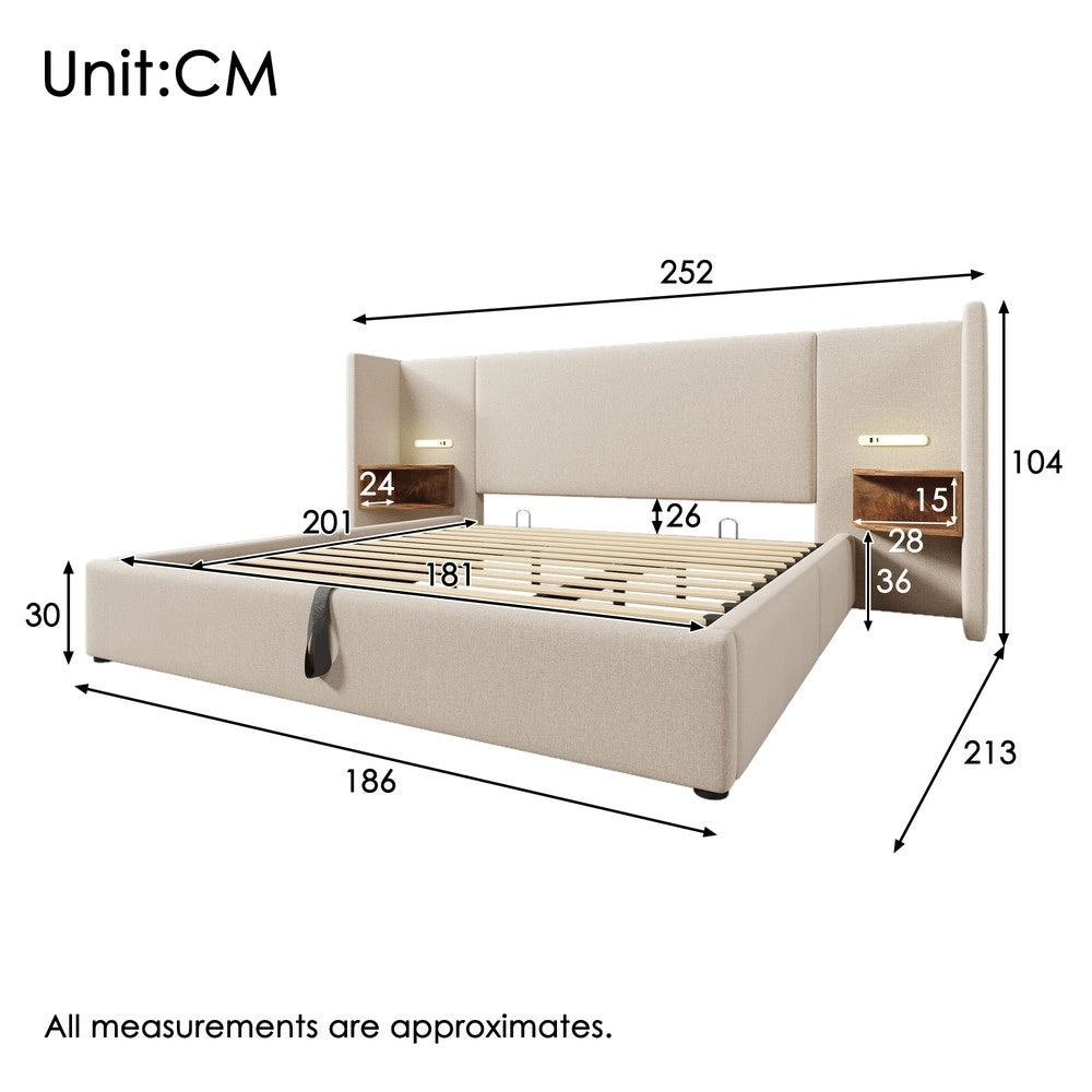 Letto Imbottito Matrimoniale con Comodini, LED e USB ¨C MINIMAL ¨C Contenitore, Rete a Doghe, Beige Lino 180x200
