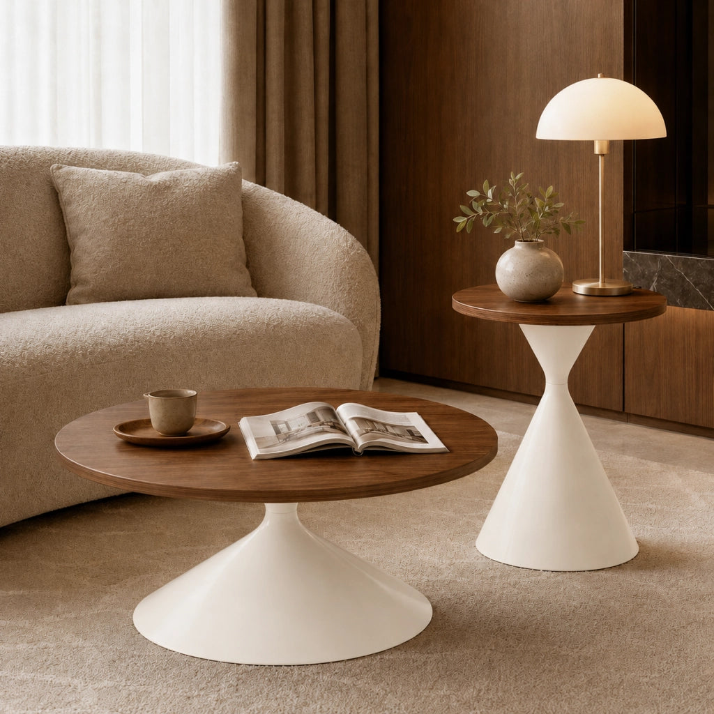 Set di 2 tavolini rotondi ?70x40 e ?50x50 cm in MDF effetto noce e metallo crema