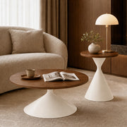 Set di 2 tavolini rotondi ?70x40 e ?50x50 cm in MDF effetto noce e metallo crema