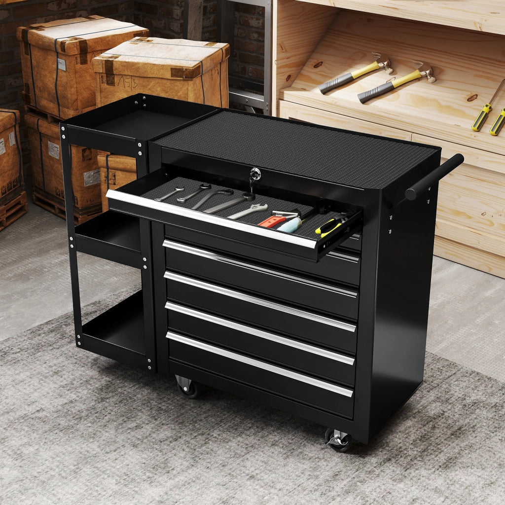 Carrello Portautensili 96x33,5x75 cm con 7 Cassetti Mensola Laterale Staccabile Ruote Capacità 120kg in Acciaio Nero