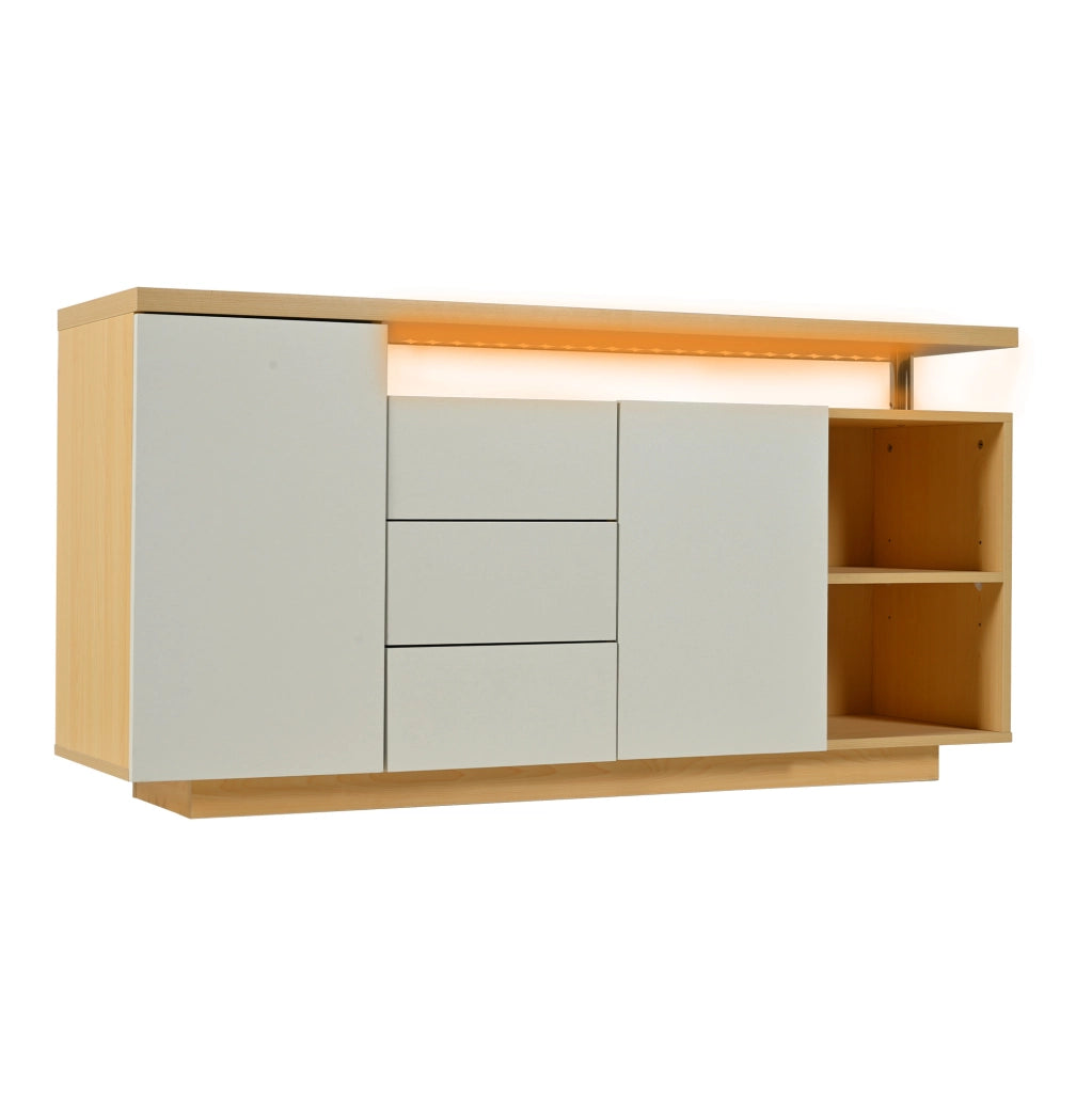 Credenza 140x40x70 cm con illuminazione LED e spazio contenitivo in truciolato bianco e rovere chiaro