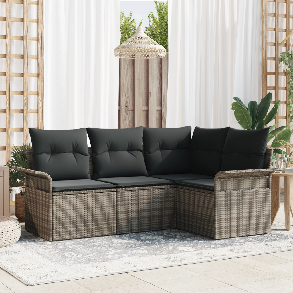 Set Divano da Giardino  4 Pezzi con Cuscini Rattan Poliestere Grigio