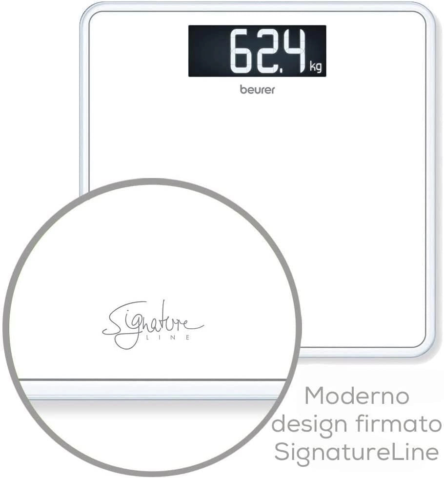 Beurer GS 400 SignatureLine White Bilancia in Vetro con Portata fino a 200 kg, 31 x 31 cm, Bianco