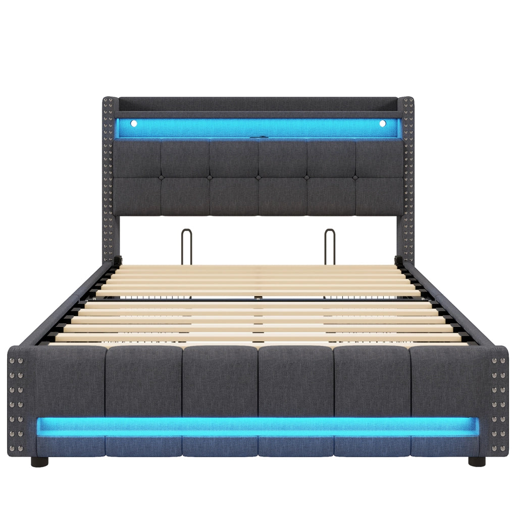 Letto imbottito 160x200 cm con LED; USB; ripiani e cassetto; lino grigio