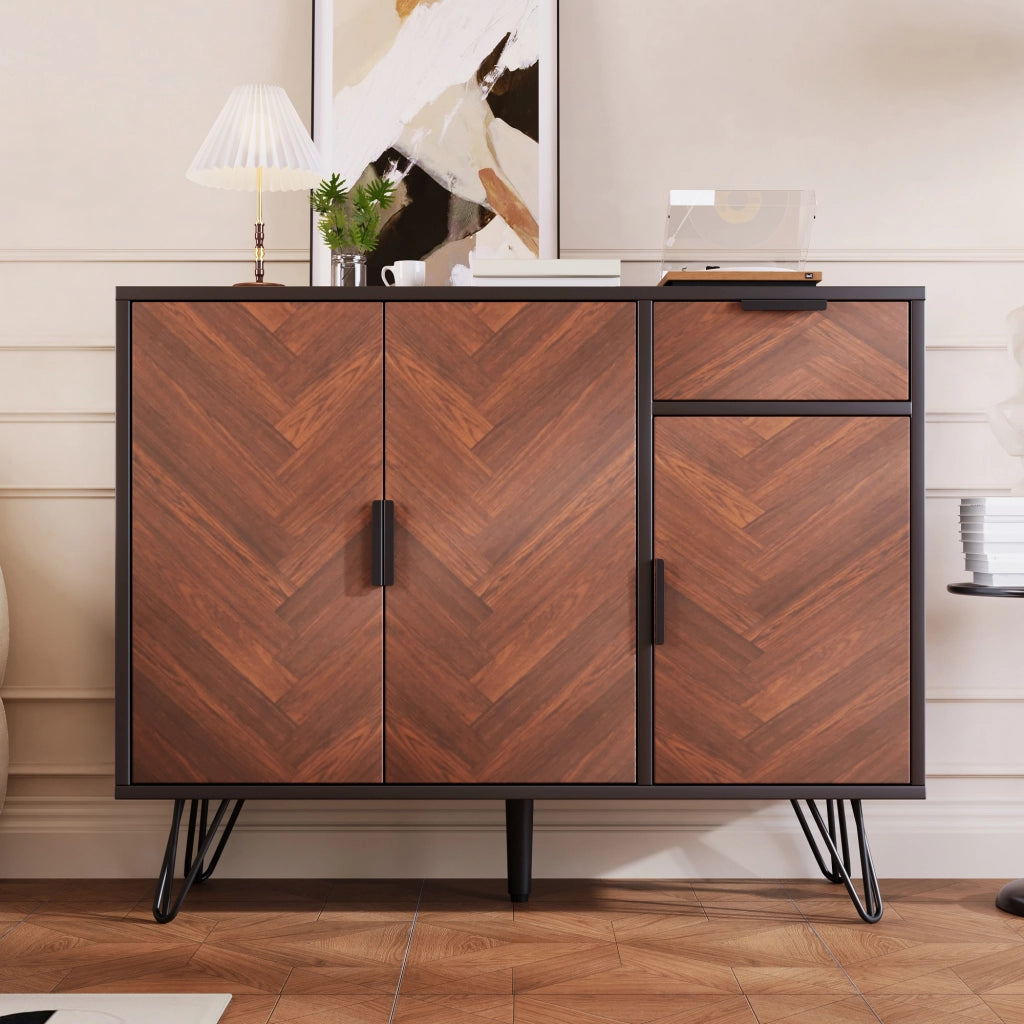 Credenza con 1 cassetto e ripiani regolabili in MDF e truciolare, nero e legno, per soggiorno, 90 × 30 × 71,5 cm