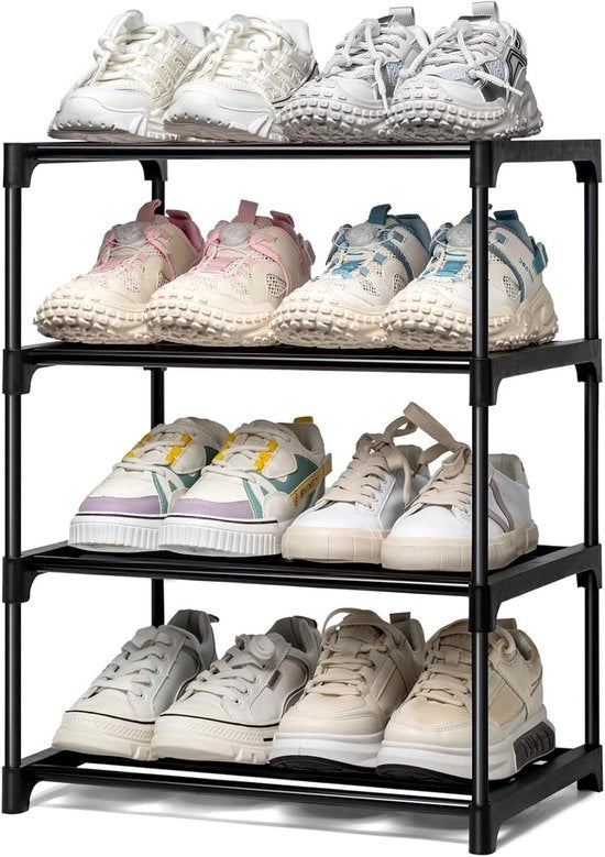 Scatola a 4 Livelli per Scarpe in Metallo Nero per Spazi Ristretti, Organizzatore di Magazzino per Entrata e Corridoio