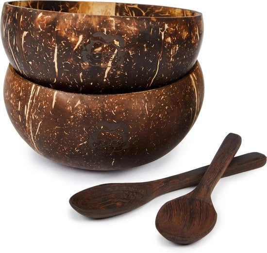 Set di conchiglie di cocco da 2 con cucchiai | prodotto artigianale 100% naturale | conchiglia in legno | set di cocco | prodotto artigianale con olio di cocco lucidato