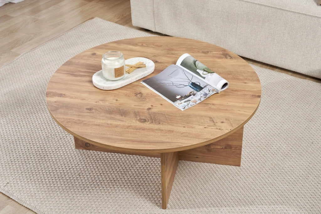 Simbario, Tavolino da Salotto Forma Rotondo, 90x90x40h cm Marrone Rovere Nodi