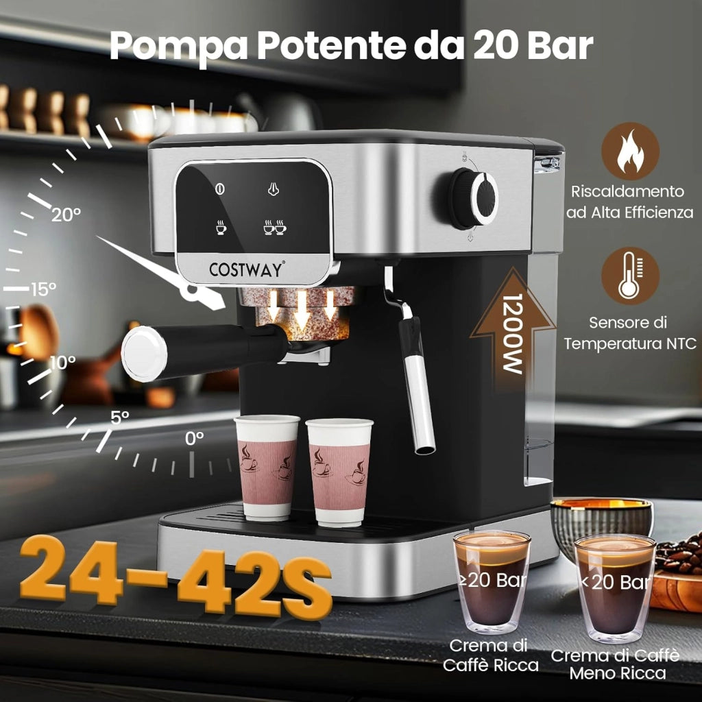 1200W Macchina da Caffè Professionale, Macchina per Espresso 20 Bar con Montalatte a Vapore, in Acciaio Inox per Cappuccino Latte Macchiato, 26 x 21 x 28 cm