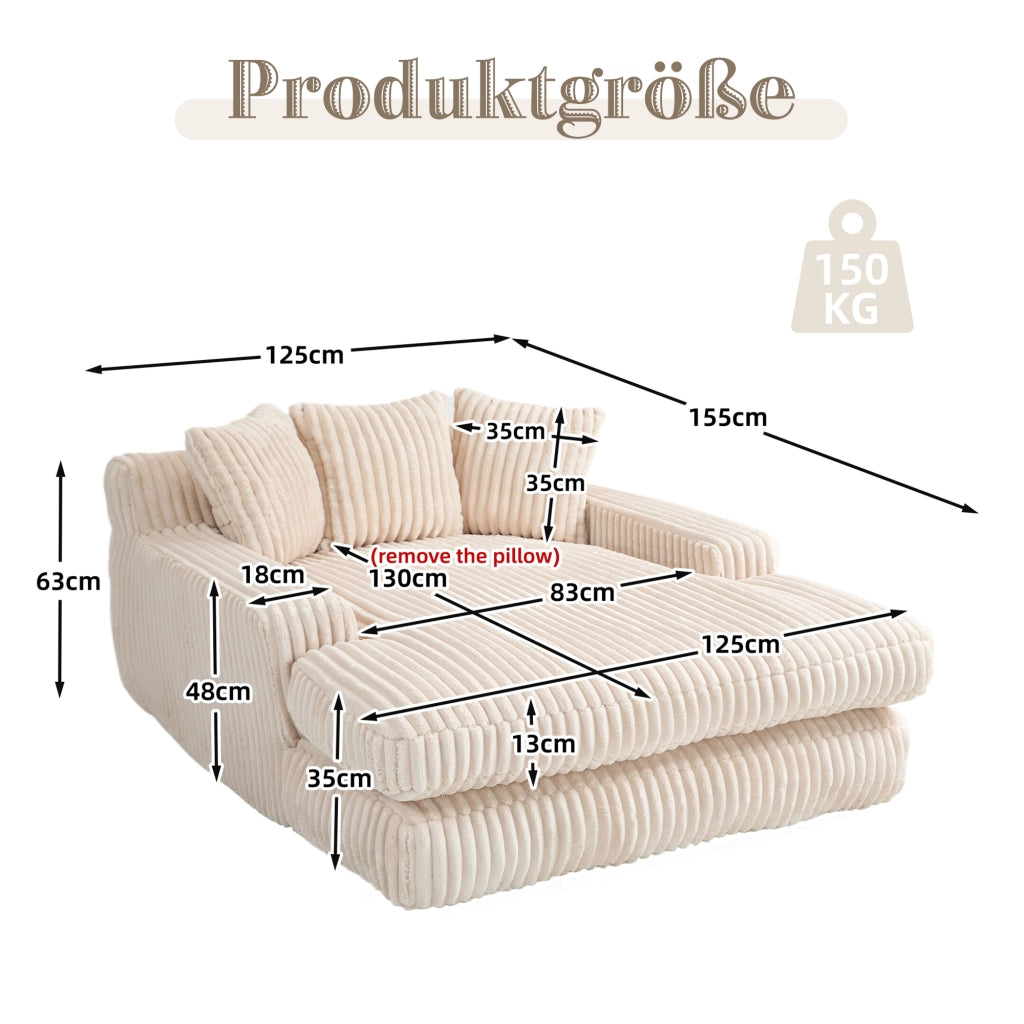 Méridienne Poltrona Pouf con Design Ergonomico e 3 Cuscini, in Velluto a Coste Beige 125 × 155 × 63 cm