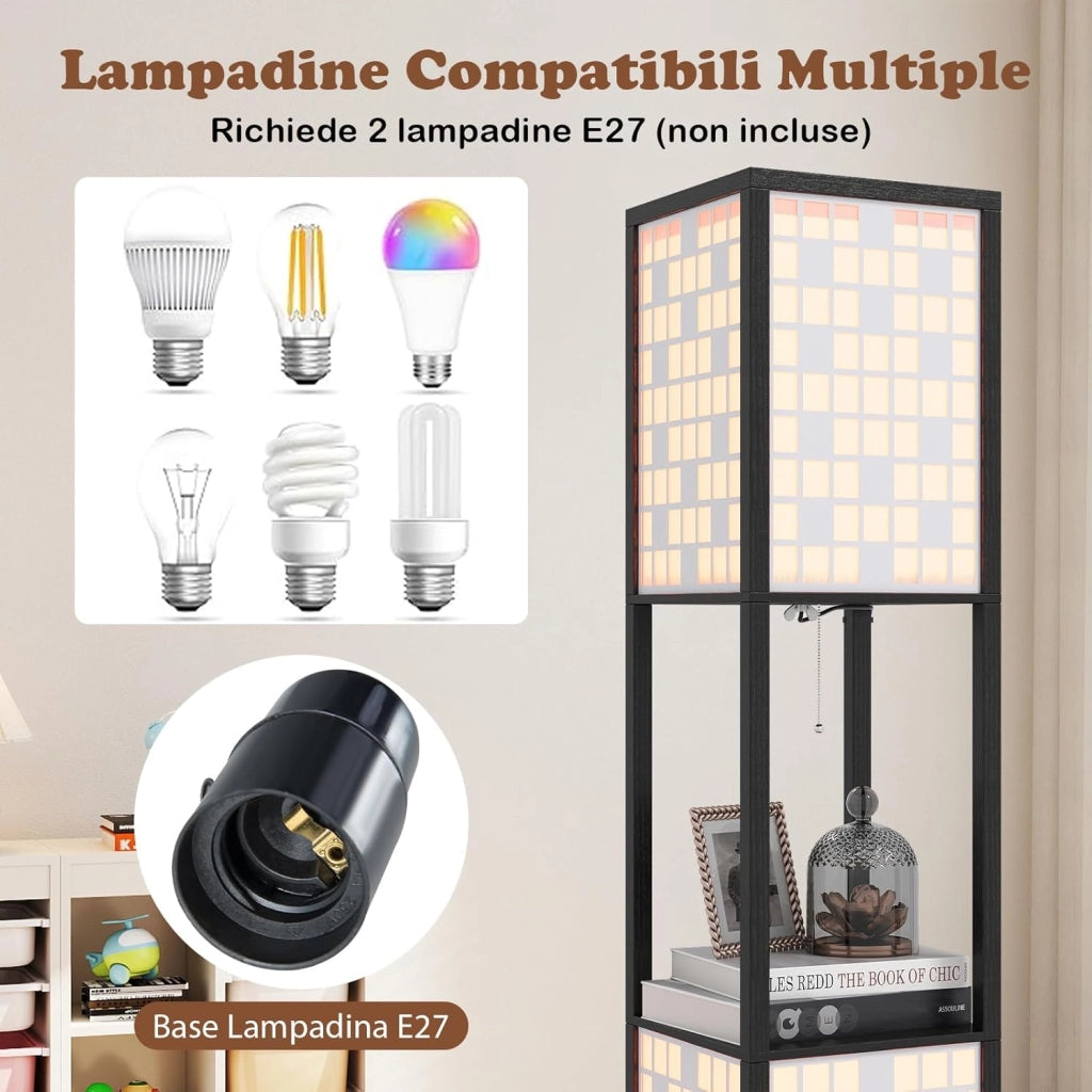 Lampada da Terra a 2 Luci con Mensole, Lampada a Stelo con 2 Paralumi Traforati, Catena a Strappo e Interruttore a Pedale, Richiede Lampadine E27, per Salotto e Camera da Letto (Quadrati)