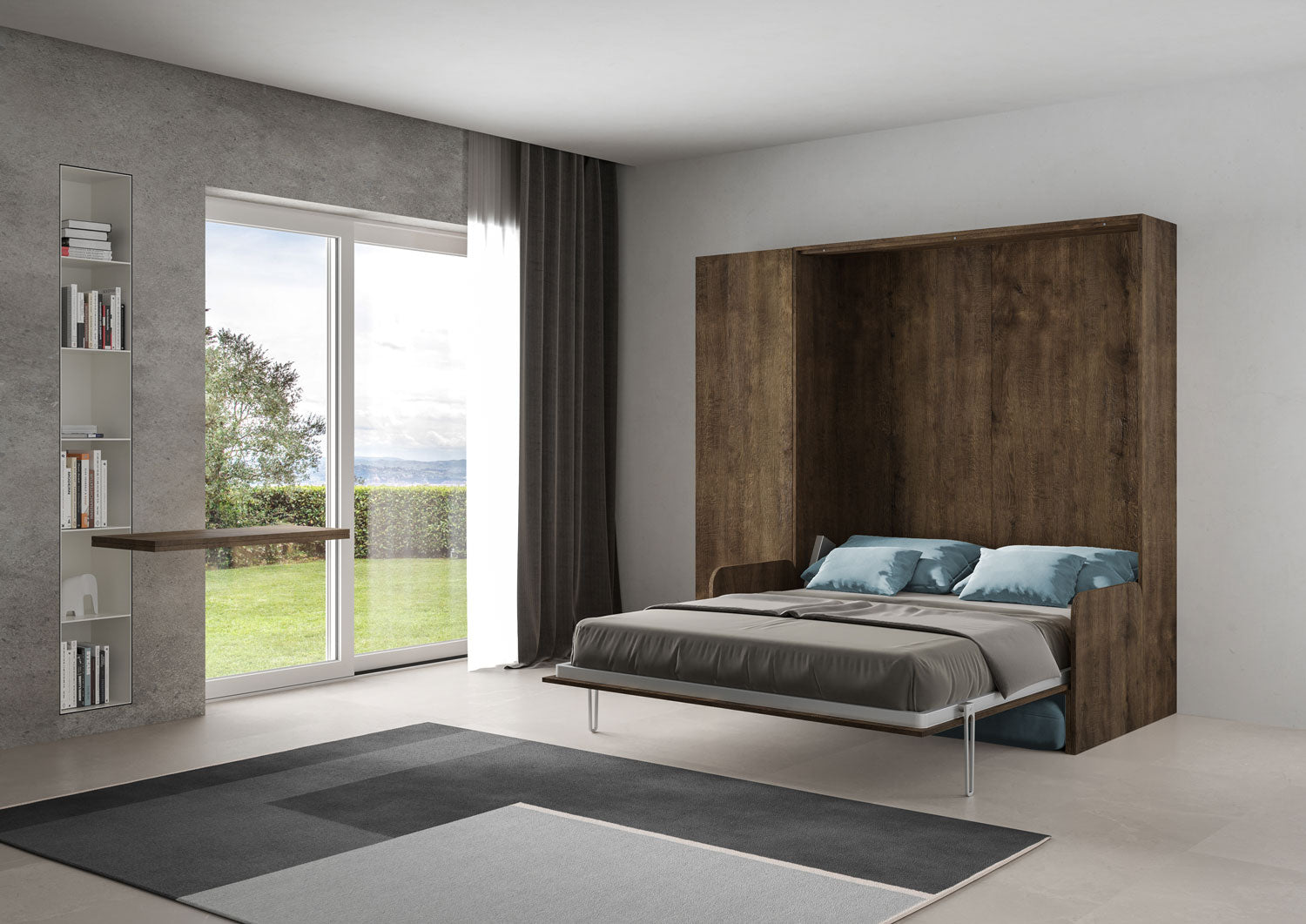 Letto Matrimoniale A Scomparsa 160 Kentaro Con Divano E Colonna Noce e Azzurro