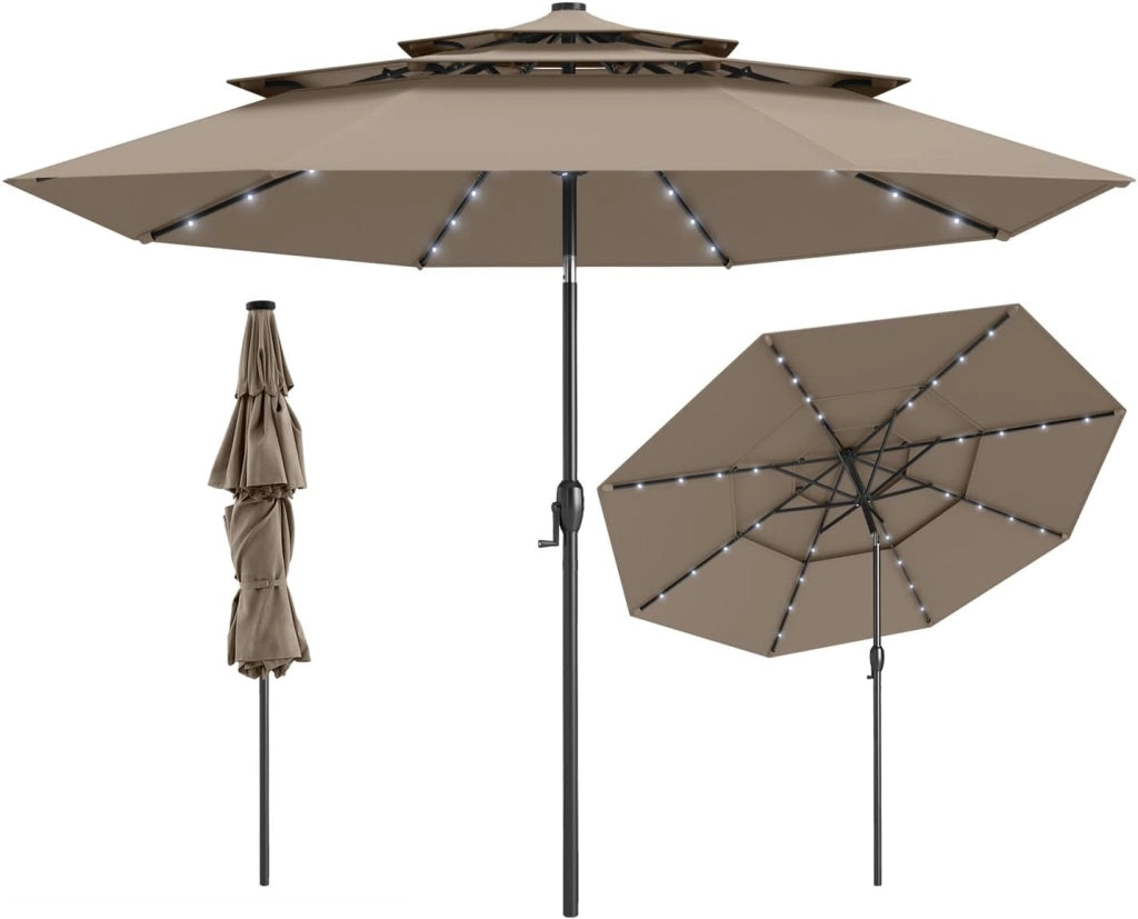 Ombrellone da Patio 297 cm con 32 Luci LED, Tetto Ventilato a 3 Piani, Inclinazioni Regolabili, Manovella, 8 Stecche, Ombrellone da Giardino, Piscina, Spiaggia (Grigio)