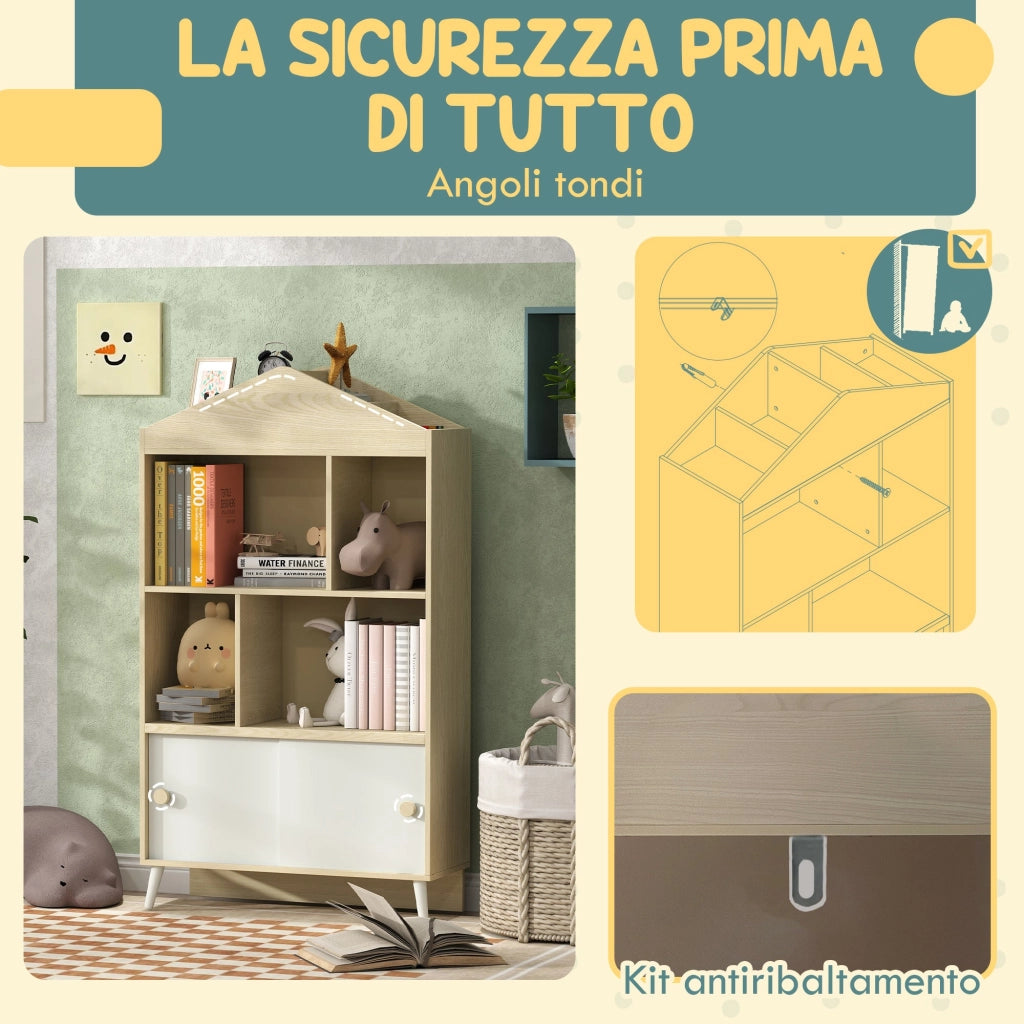 Libreria per Bambini con Ripiani Aperti e Armadietto 80x30x140,5 cm Bianco e color Legno