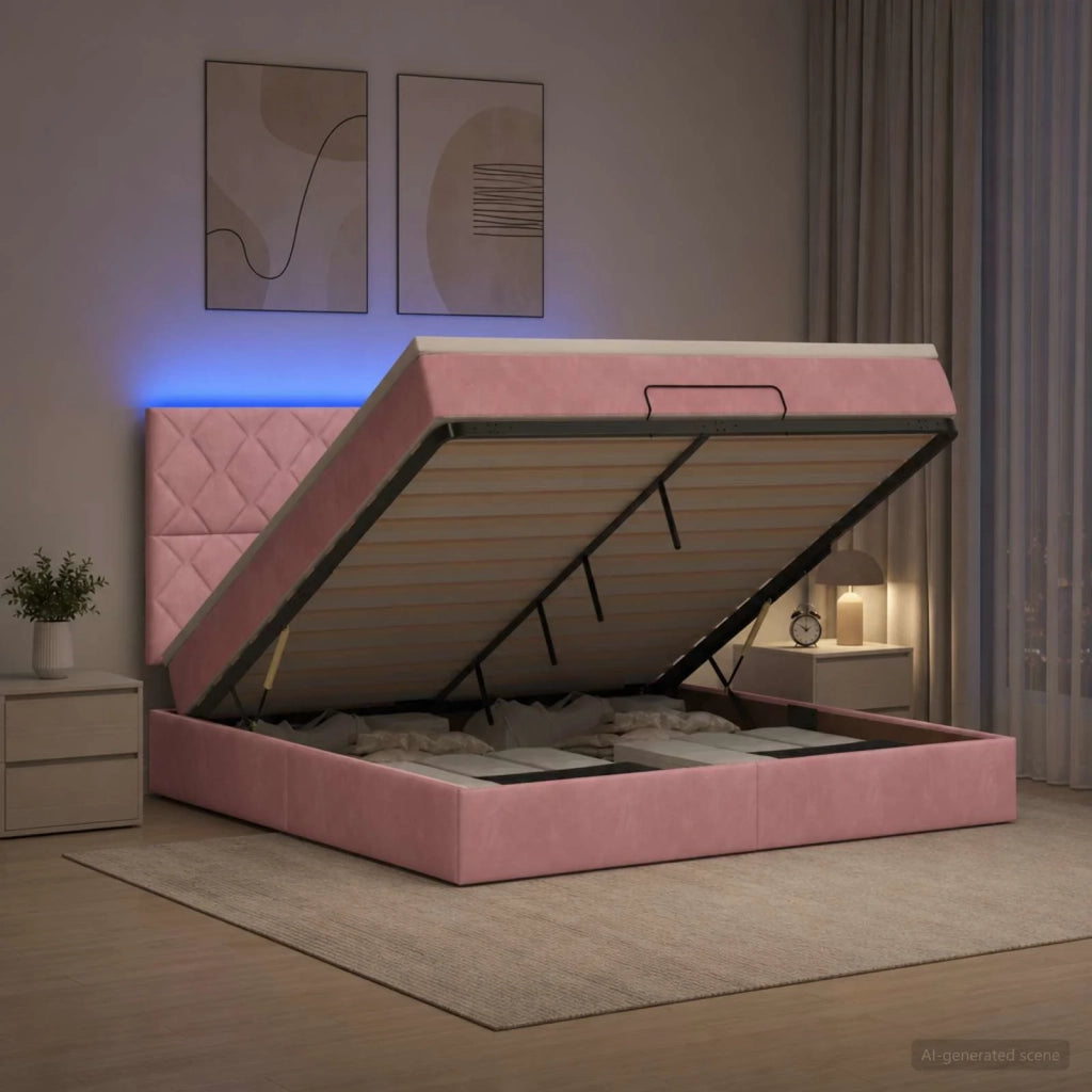 Letto Ottomano con Materasso e LED Rosa 140 x 200 cm Velluto 3458384