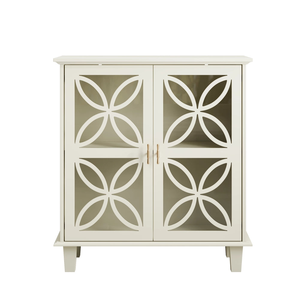 Credenza con 2 ante in vetro e ripiani regolabili; per cucina; in MDF; crema; 94×47.3×16.0 cm